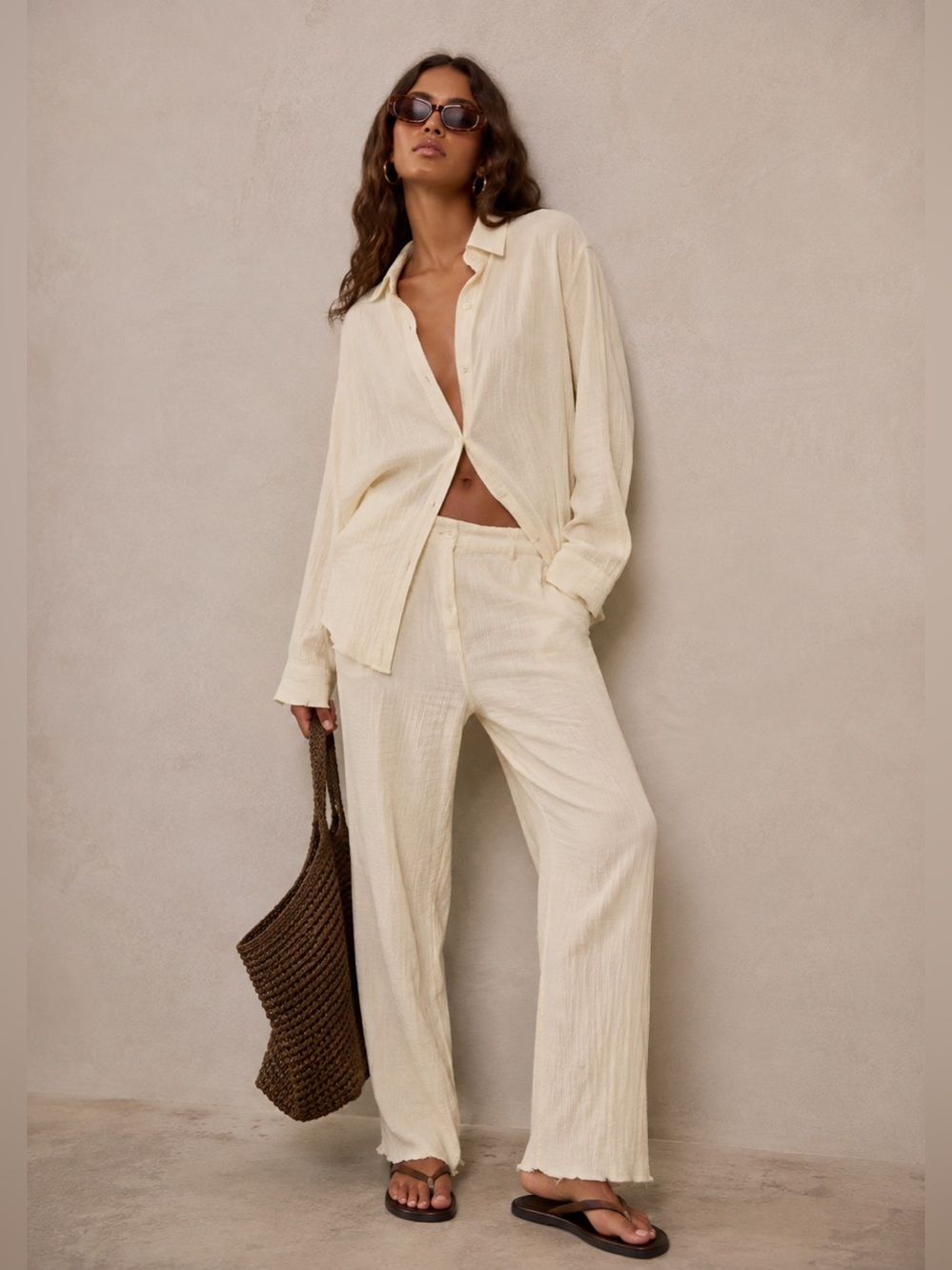 PrettyLittleThing Cream Wide-Leg Lounge Trousers